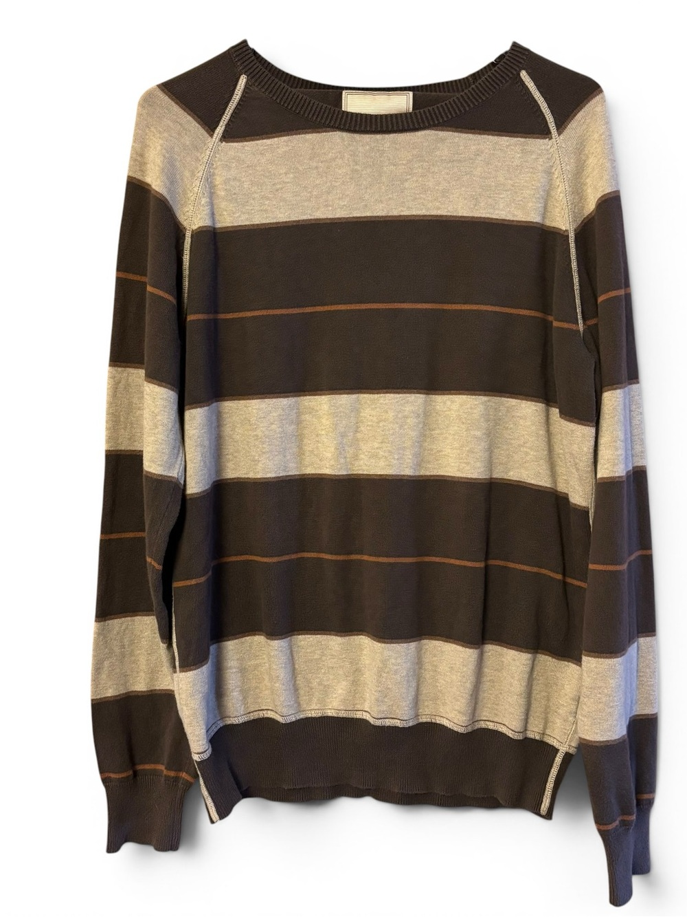 BKE Men's Brown and Tan Striped Crewneck Sweater